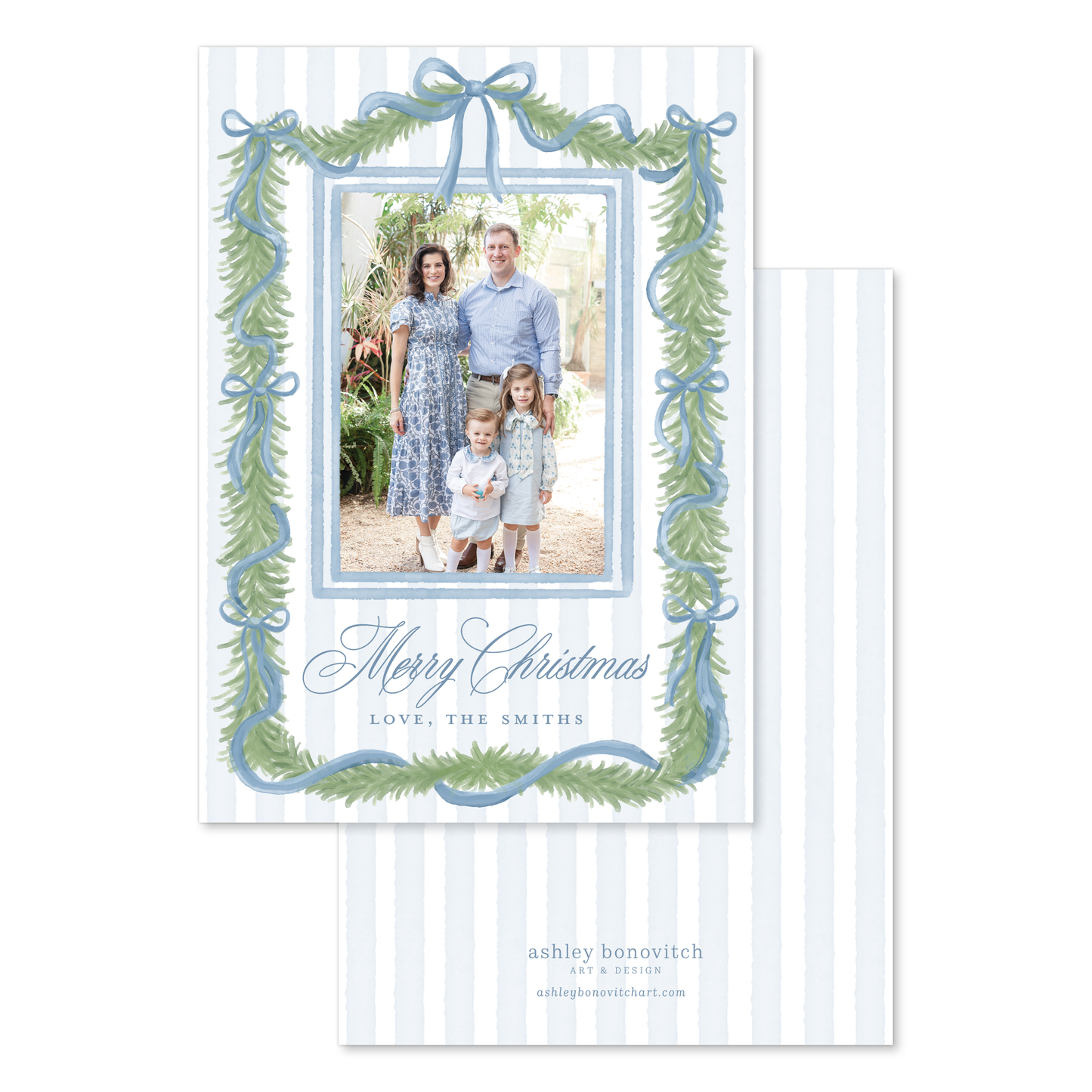 Blue Ribbon Garland Stripe Christmas Card