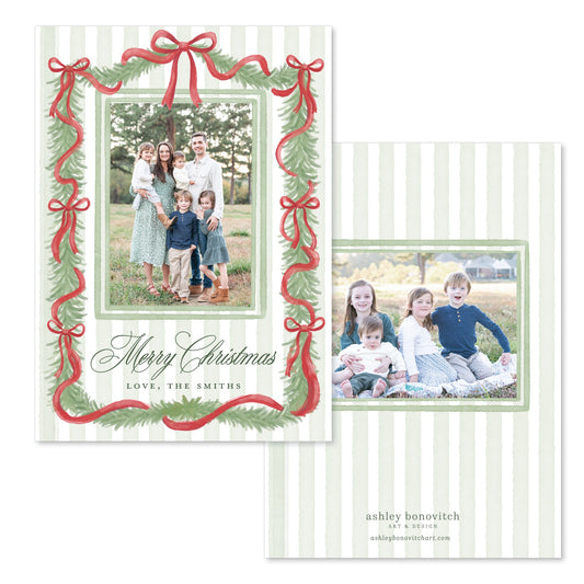 Red Ribbon Garland Stripe Christmas Card