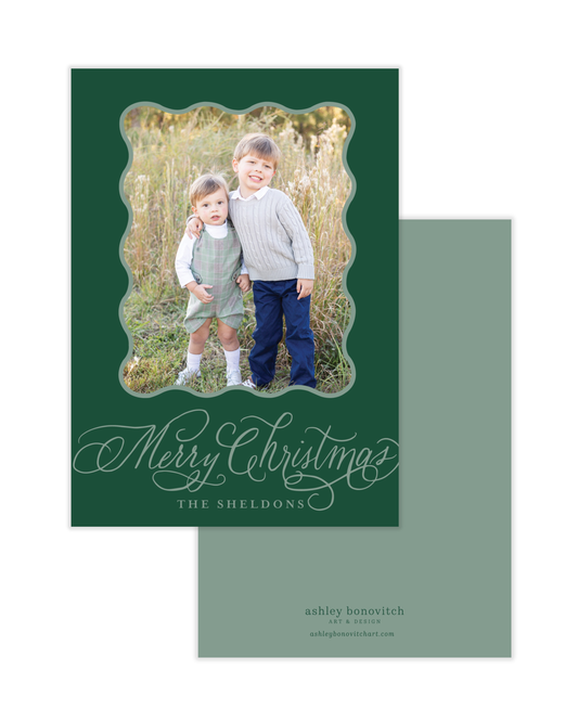 Simple Wavy Calligraphy Christmas Card in Dark Green With Light Green Writing