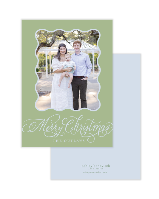 Simple Wavy Calligraphy Christmas Card in Light Green With Light Blue Writing