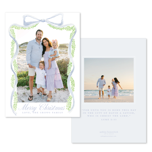 Blue Bow Garland Christmas Card
