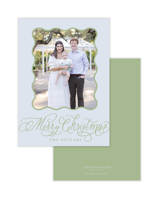 Simple Wavy Calligraphy Christmas Card in Light Blue With Light Green Writing