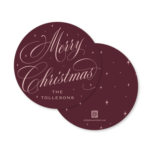 Round Celestial Christmas Tags in Burgundy/Ballet Pink