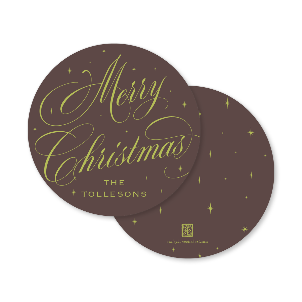 Round Celestial Christmas Tags in Chocolate/Chartreuse