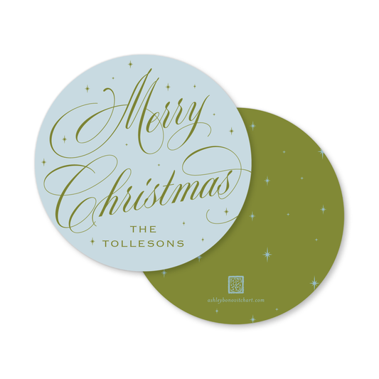Round Celestial Christmas Tags in Ice Blue/Olive