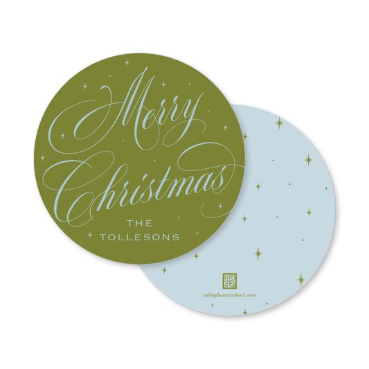 Round Celestial Christmas Tags in Olive/Ice Blue