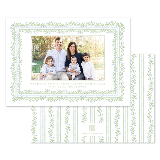 Dainty Blue Trellis Christmas Card - Landscape