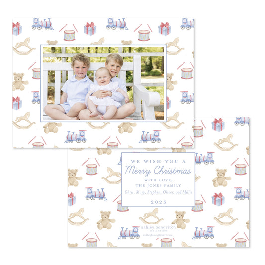 Christmas Toys Christmas Card in Blue/Red - Landscape