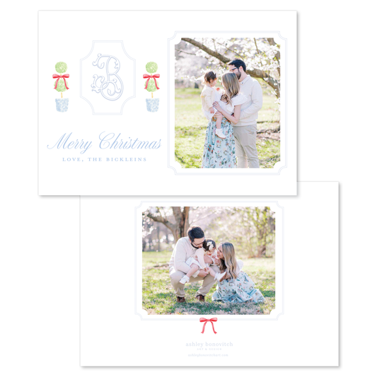 Topiary Crest Christmas Card in Red - Landscape