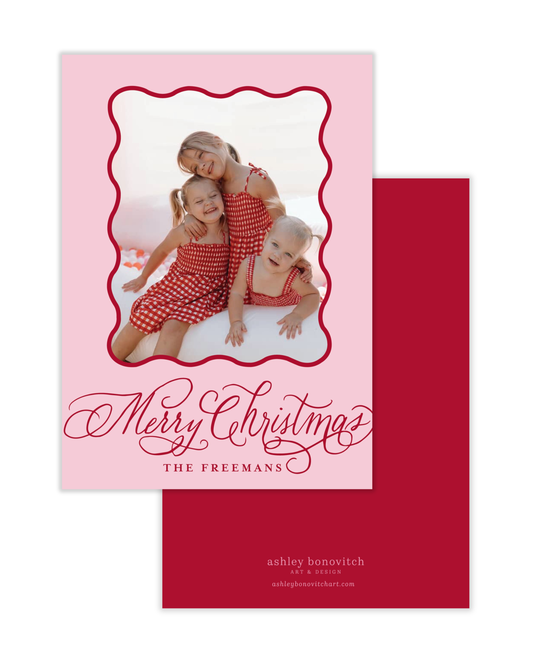 Simple Wavy Calligraphy Christmas Card in Pink With Red Writing