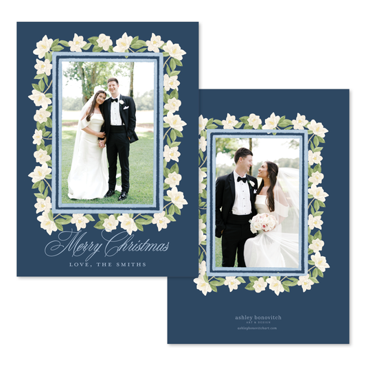 Magnolia Border Christmas Card in Navy