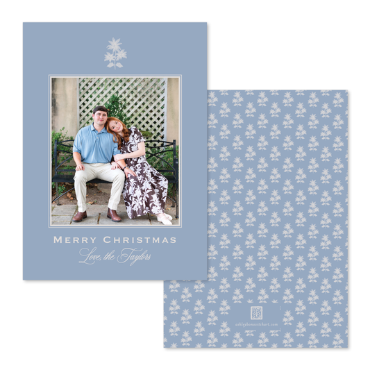 Poinsettia Block Print Christmas Card in Blue