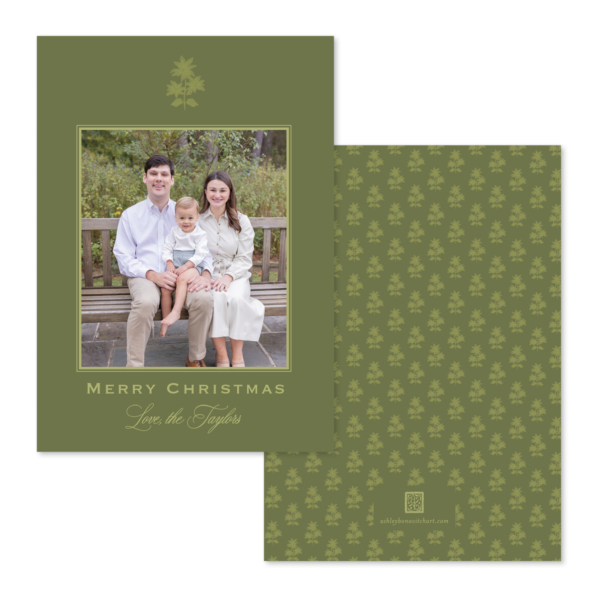 Poinsettia Block Print Christmas Card in Olive