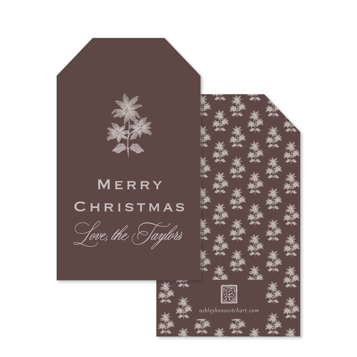 Poinsettia Block Print Gift Tags in Chocolate