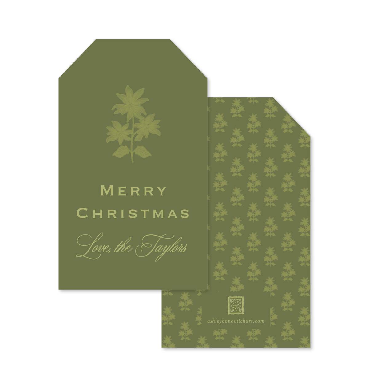 Poinsettia Block Print Gift Tags in Olive