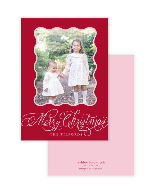 Simple Wavy Calligraphy Christmas Card in Red With Pink Writing