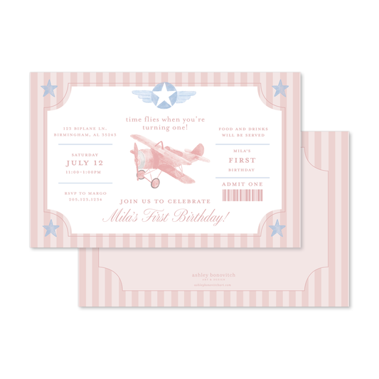 Airplane Ticket Party Invitation in Pink