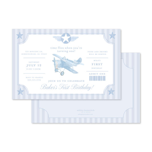 Airplane Ticket Party Invitation in Blue