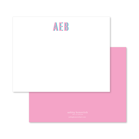 Bright Monogram Shadow Stationery Set in Pink/Teal