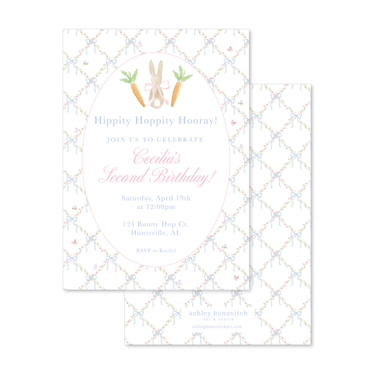 Hippity Hoppity Bunny Party Invitation in Floral Lattice
