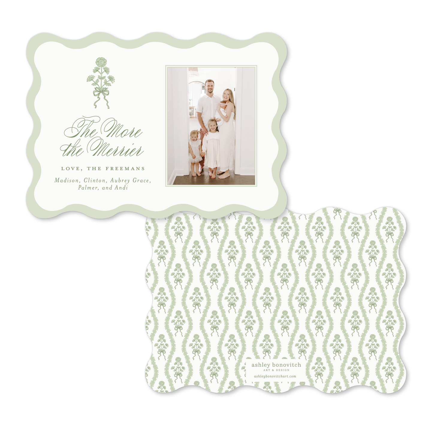 Block Print Bows Wavy Christmas Card - Landscape