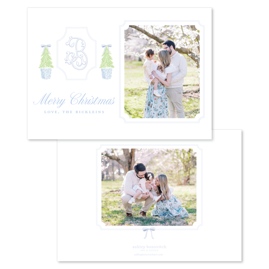 Christmas Tree Topiary Christmas Card in Blue - Landscape