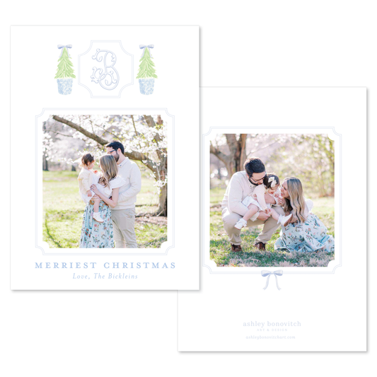 Christmas Tree Topiary Christmas Card in Blue - Portrait