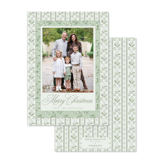 Ticking Stripe With Lily Of the Valley Christmas Card - Ashley Bonovitch Art + Design x Namesake Celebrations
