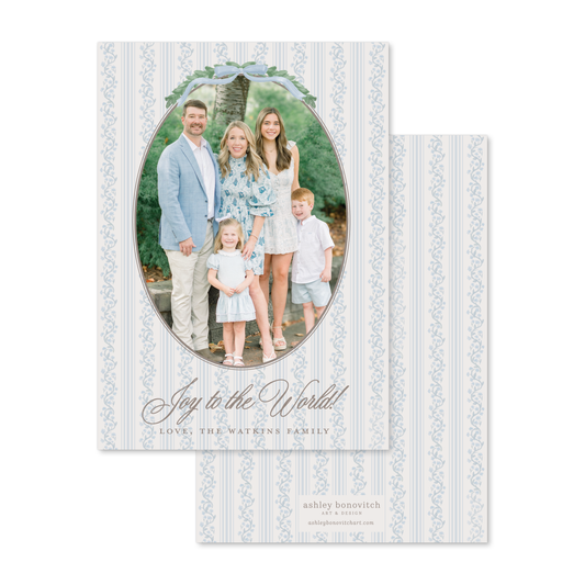 Floral Vine Stripe Christmas Card in Blue/Chocolate