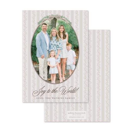 Floral Vine Stripe Christmas Card in Chocolate