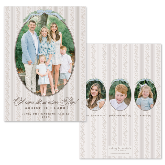 Floral Vine Stripe Christmas Card in Chocolate/Blue