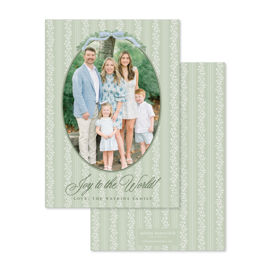 Floral Vine Stripe Christmas Card in Sage/Blue