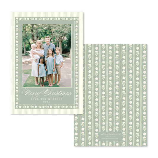 Gardenia Stripe Border Christmas Card in Sage