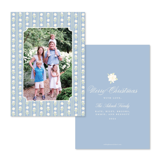 Gardenia Stripes Christmas Card in Dusty Blue