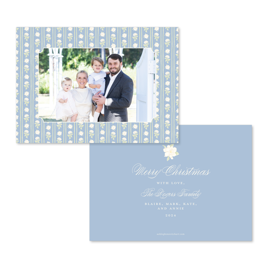 Gardenia Stripes Christmas Card in Dusty Blue - Landscape