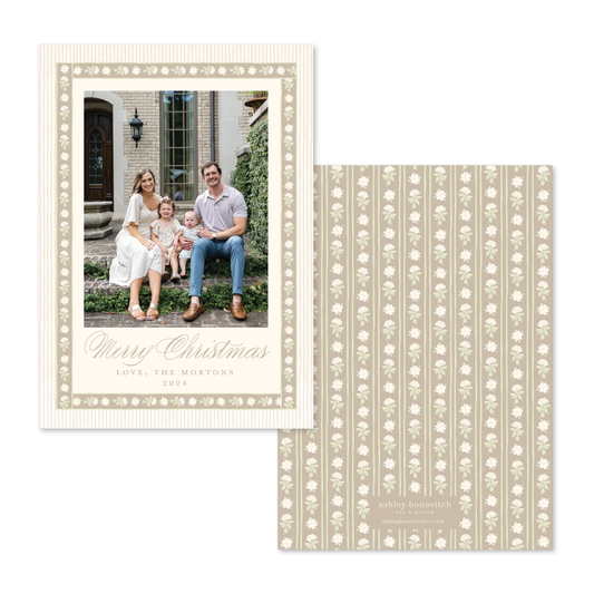 Gardenia Border Stripes Christmas Card in Tan