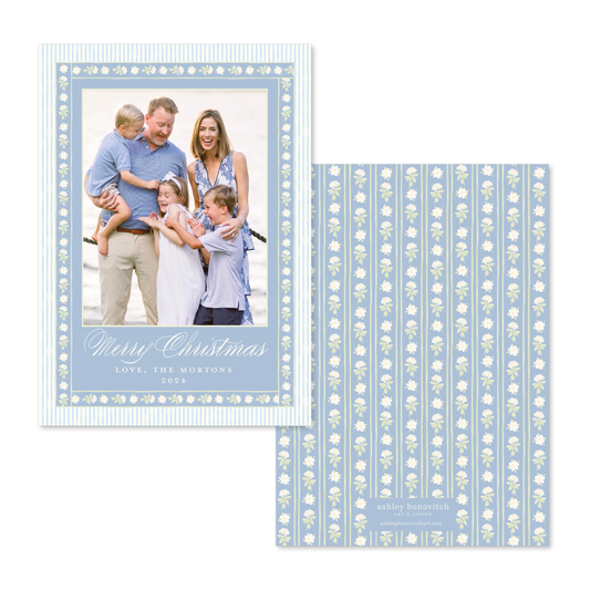 Gardenia Stripe Border Christmas Card in Dusty Blue