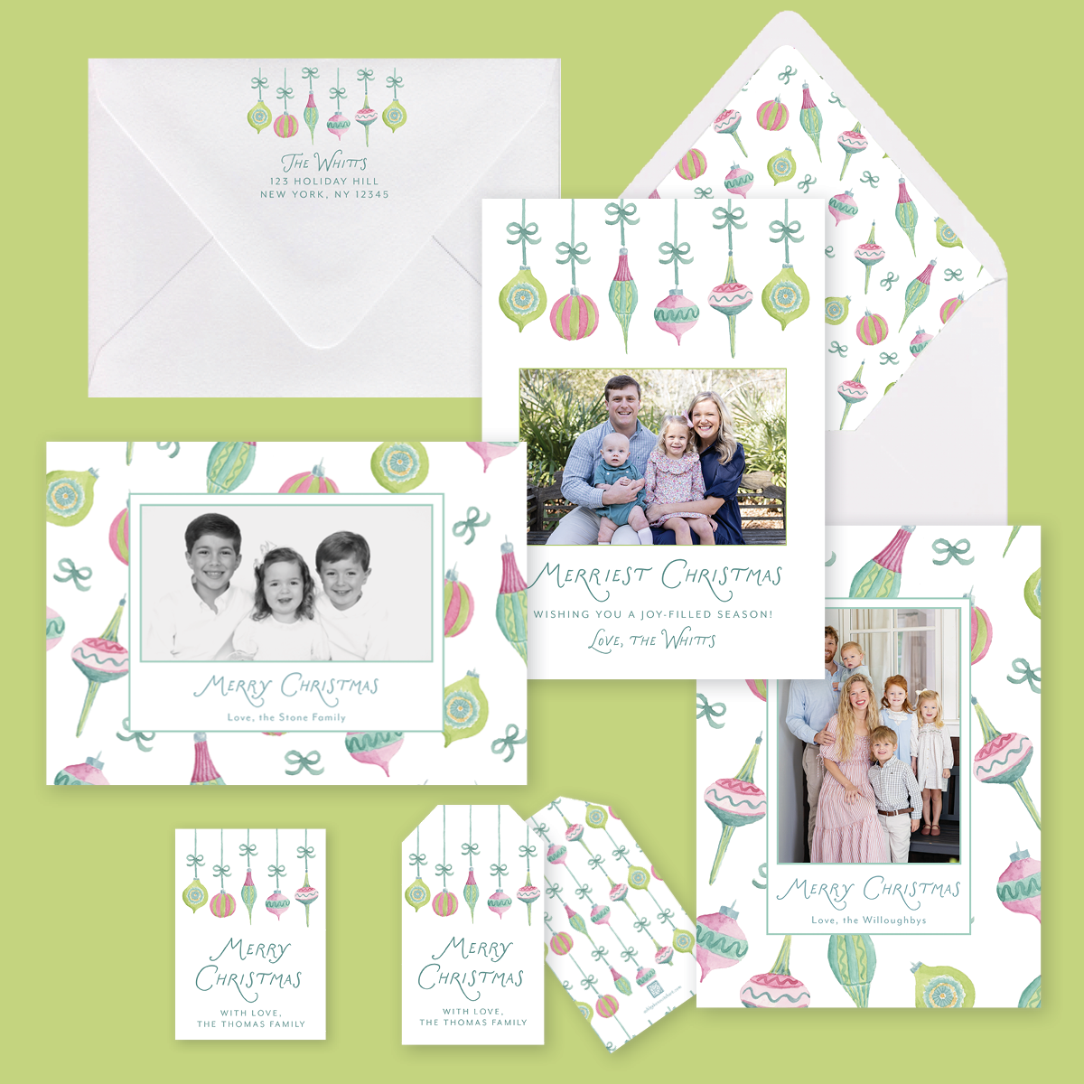Ornaments & Cheer Pattern Christmas Card - Landscape