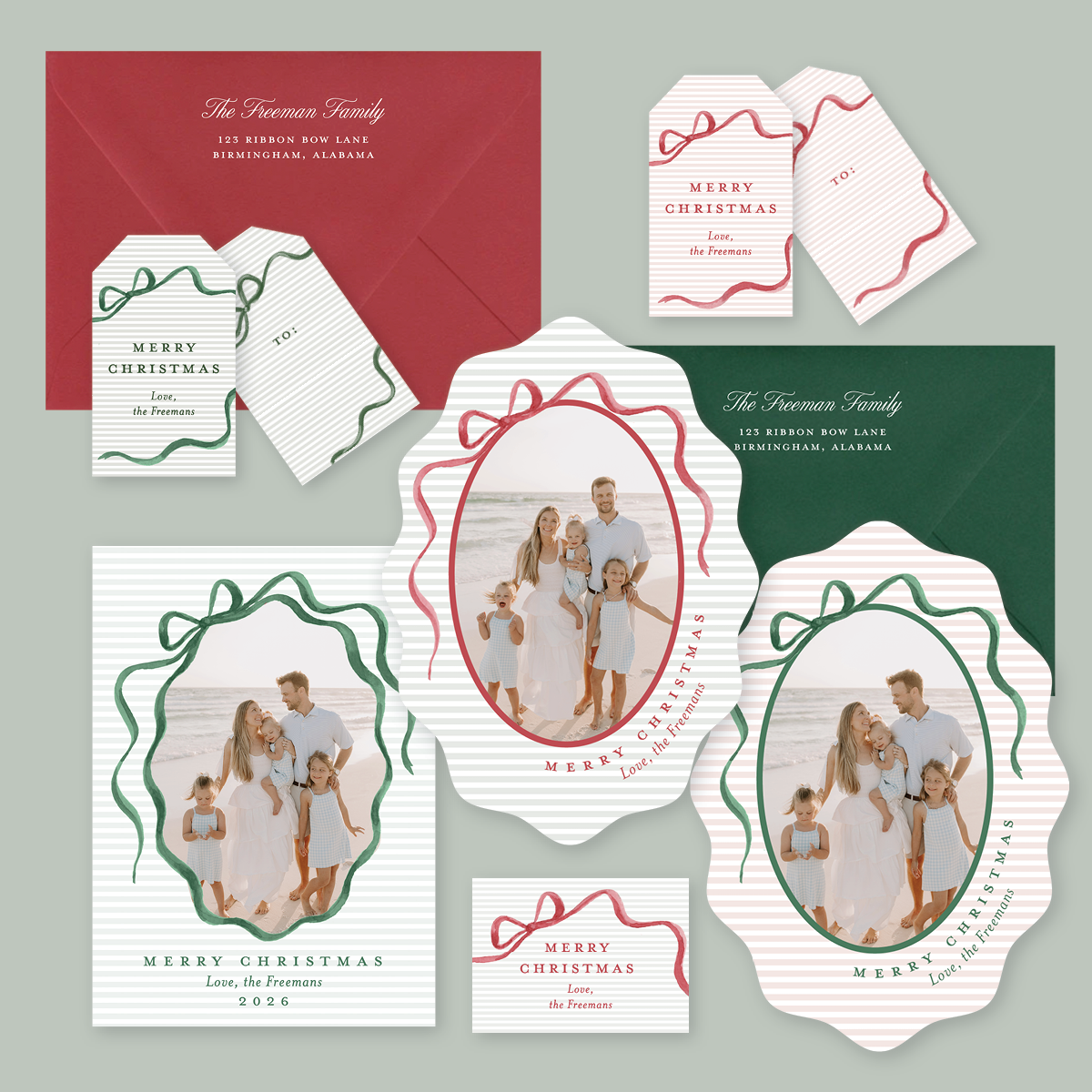 Classic Christmas Ribbons Card with Wavy Edge - 4 Colorways