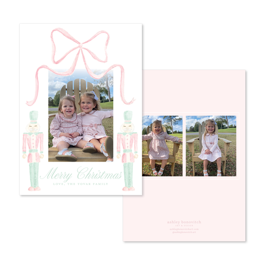 Pastel Nutcracker Bow Christmas Card in Pink