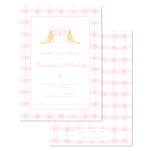 Pink Gingham Puppy Invitations