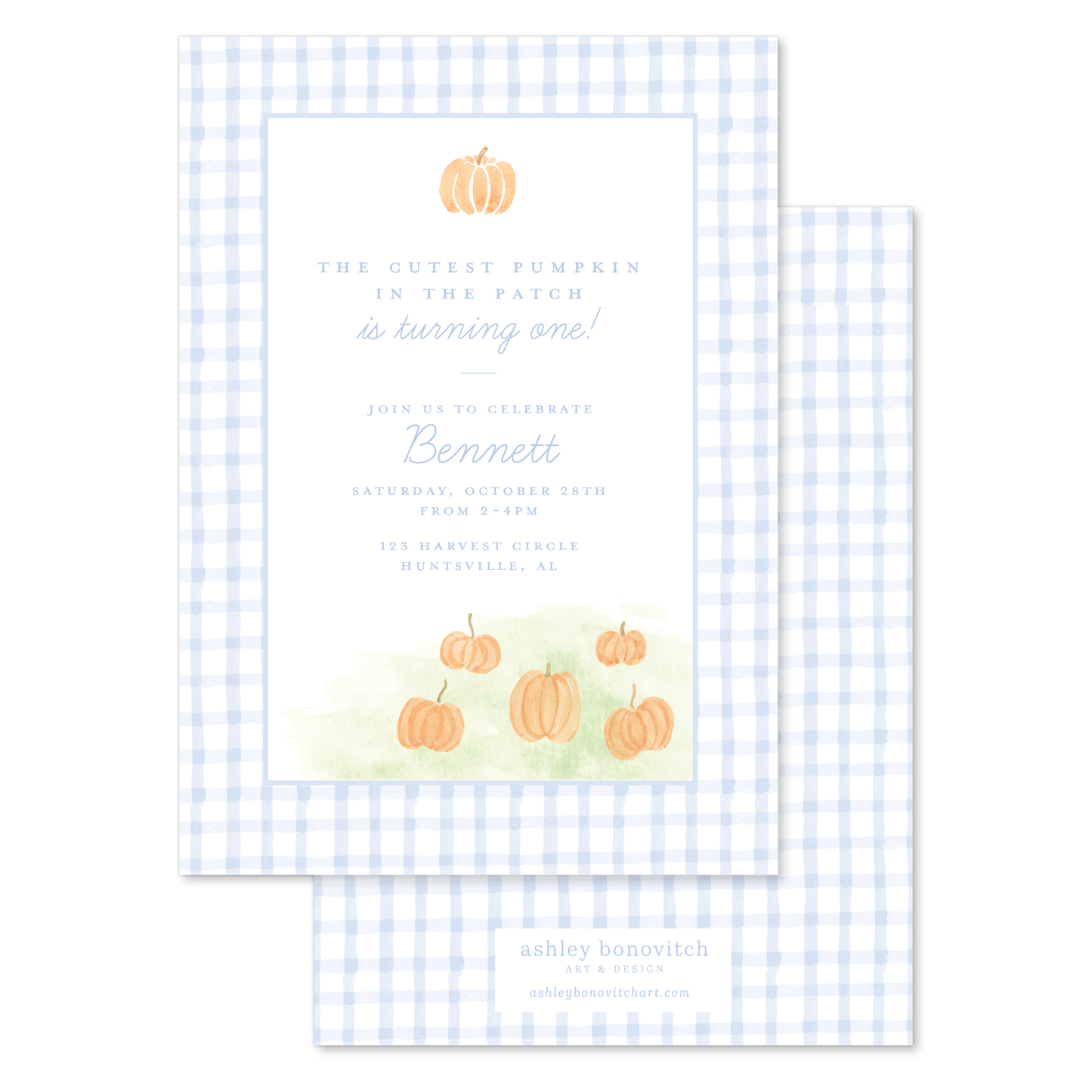 Gingham Pumpkin Party Invitations in Blue