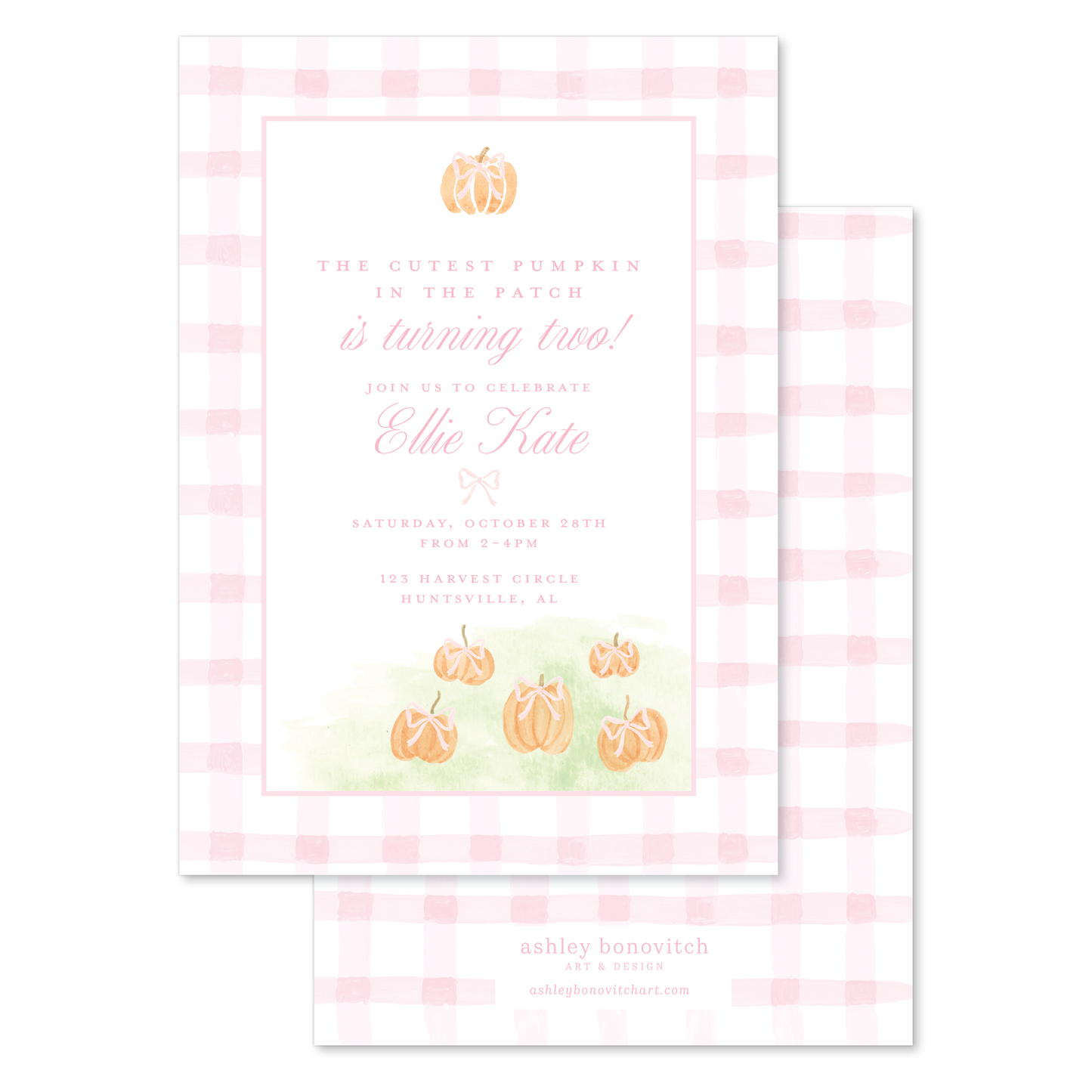Gingham Pumpkin Party Invitations in Pink