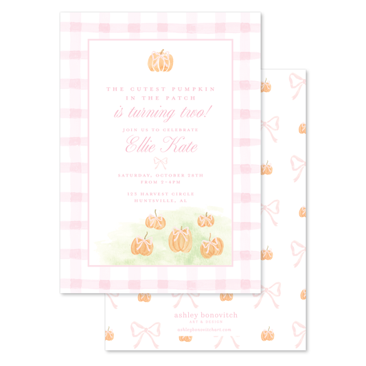 Gingham Pumpkin Party Invitations in Pink