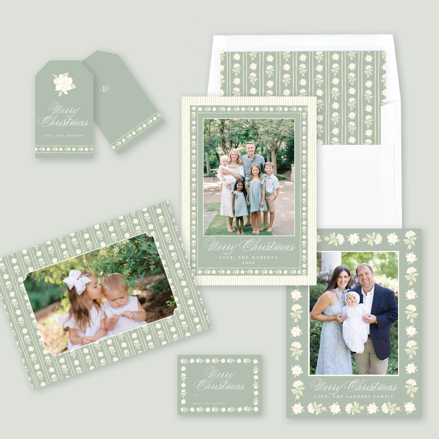 Gardenia Border Christmas Gift Stickers in Sage