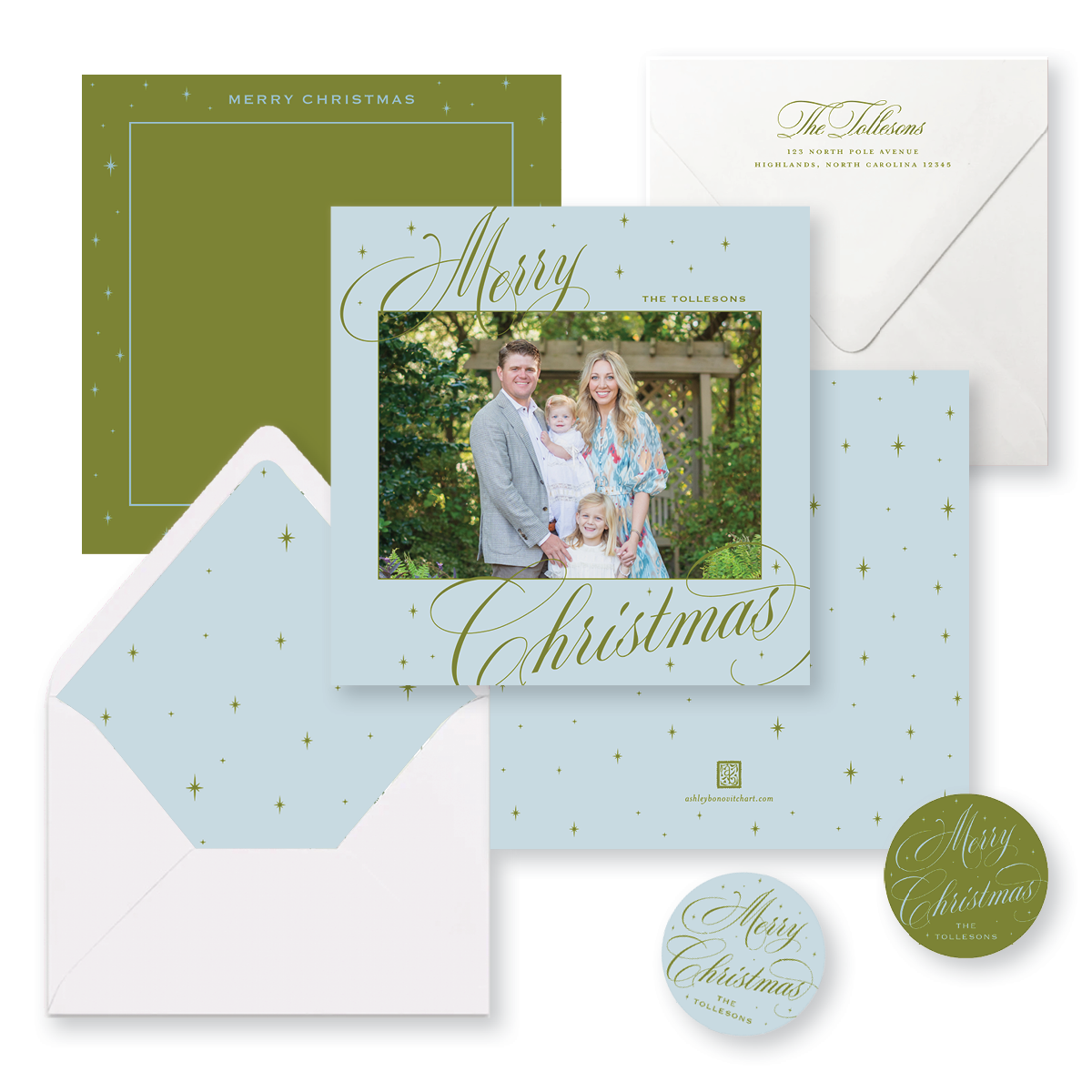 Round Celestial Christmas Tags in Ice Blue/Olive