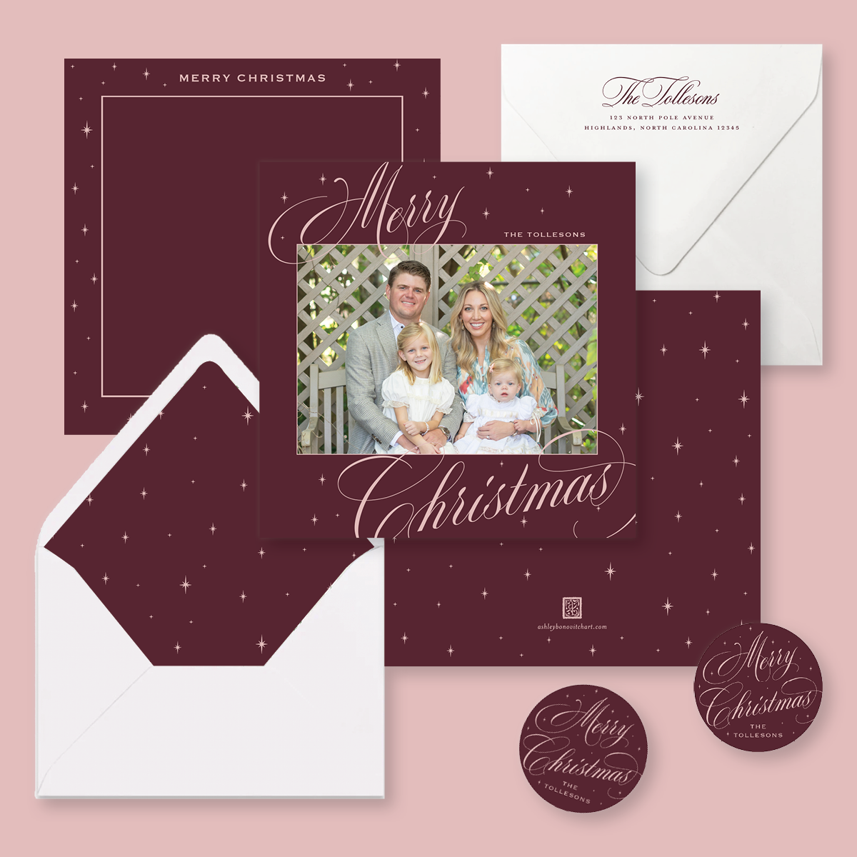 Round Celestial Christmas Tags in Burgundy/Ballet Pink