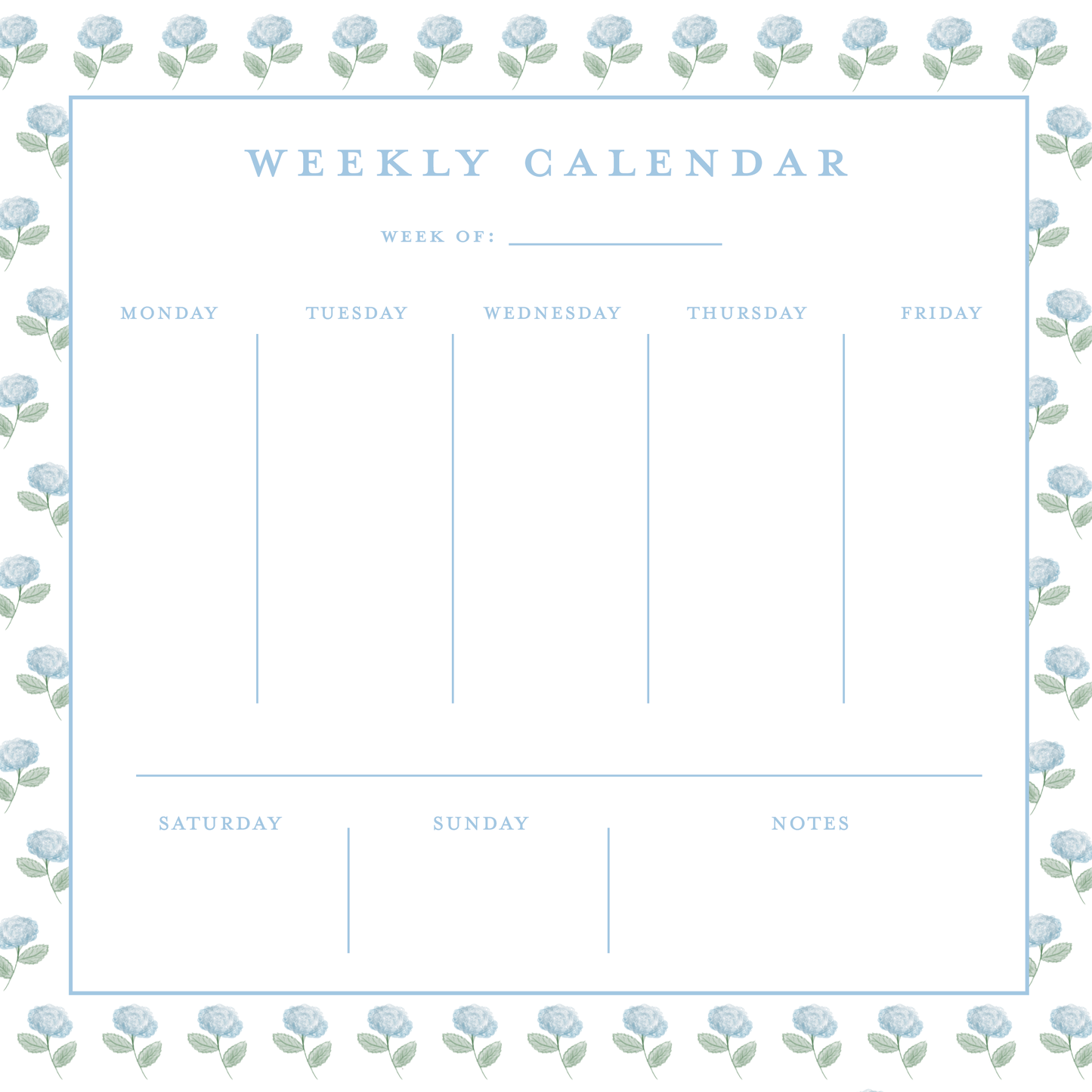 Weekly Calendar Notepad - Blue Hydrangea