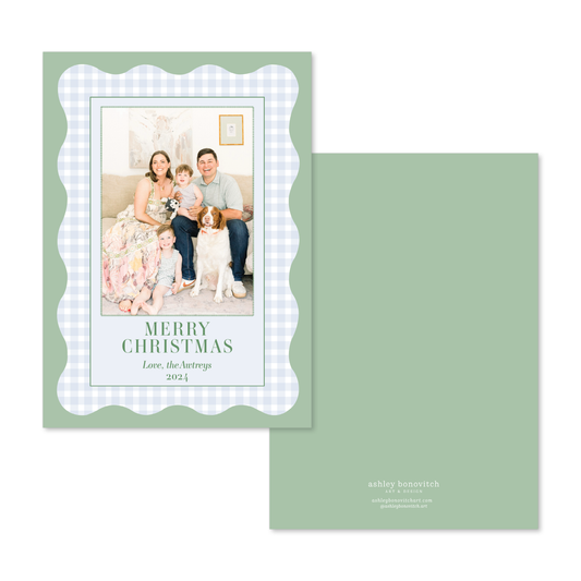 Straight Edge Wavy Blue Gingham Christmas Card in Portrait