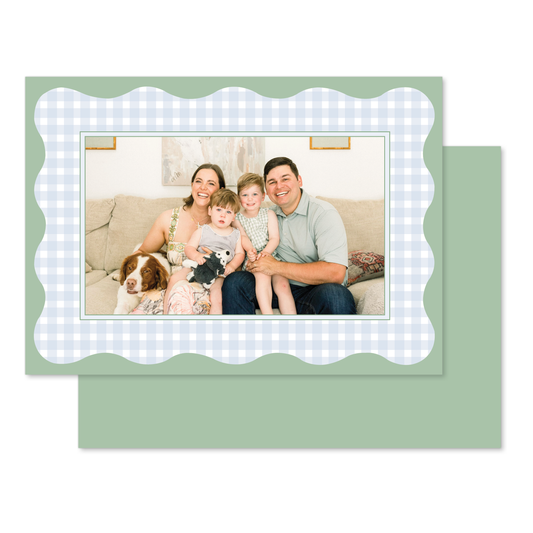 Straight Edge Wavy Blue Gingham Christmas Card in Landscape